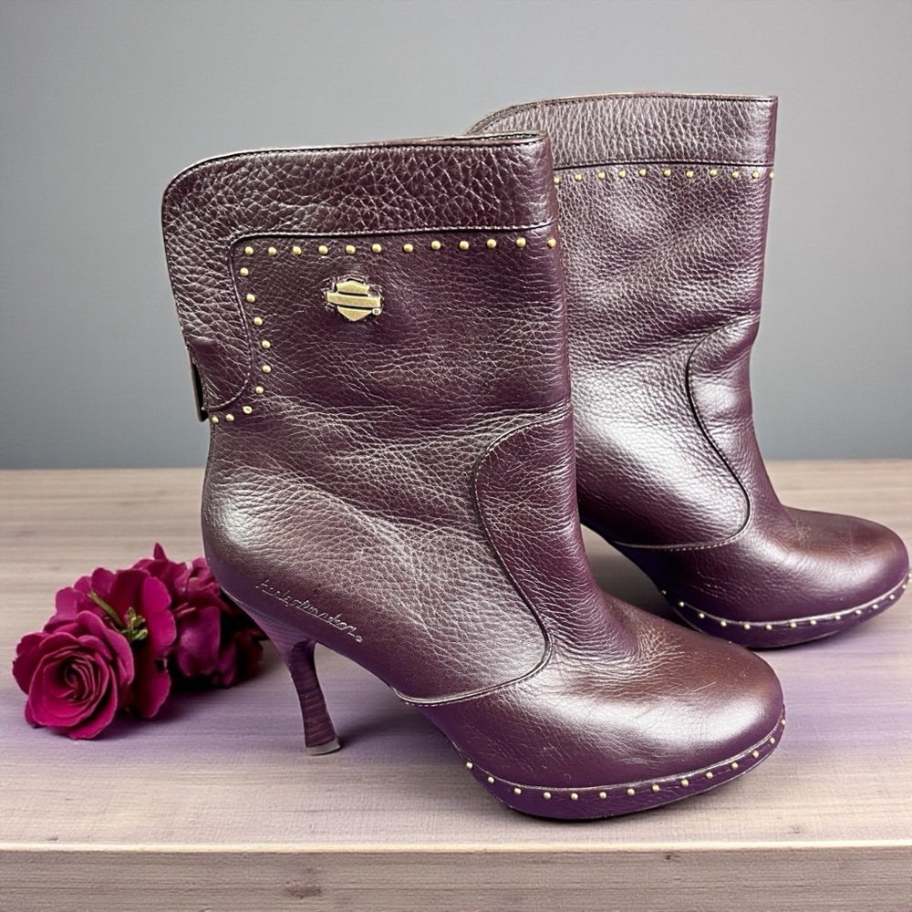 Harley-Davidson Plum Leather Studded Heeled Ankle Boots
